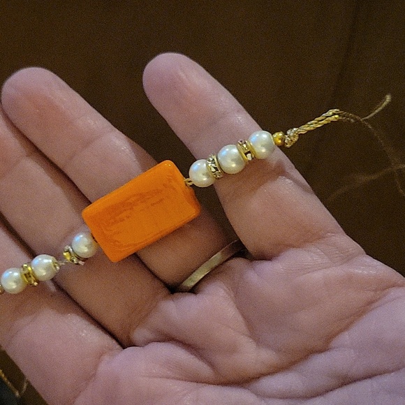 Rakhi Orange Gold Thread Pearl Beaded Rhinestone Bracelet - Picture 3 of 4